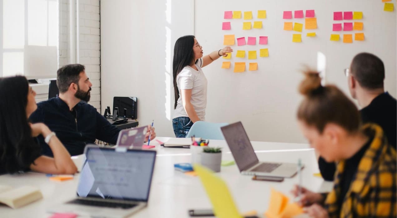 team working around a white board