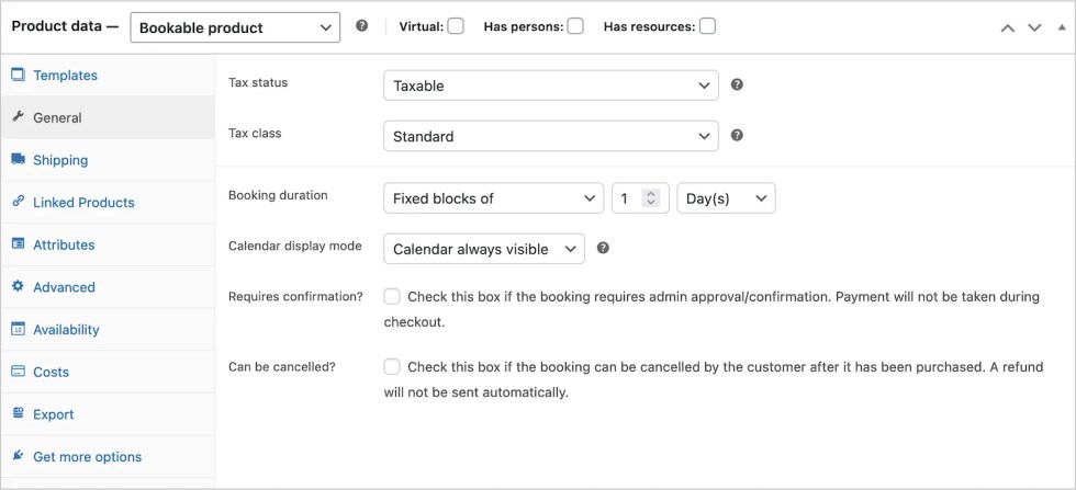 The General tab of a Bookable product. 