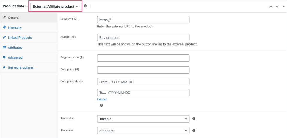 Illustrates how the General section looks when the Product Type is set to External/Affiliate product. 