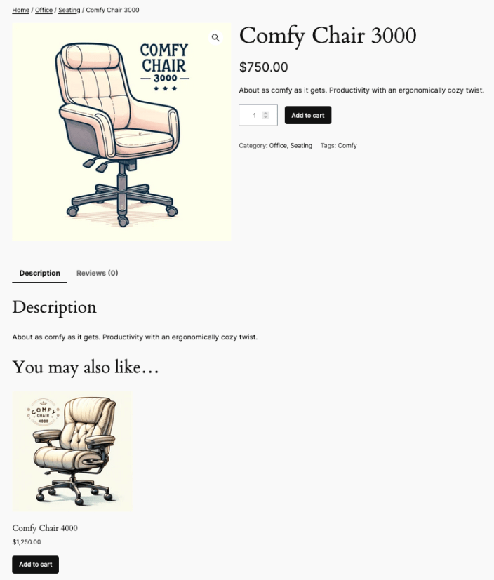 An illustration showing an example product, the Comfy Chair 3000, with an upsell below it suggesting the Comfy Chair 4000. 