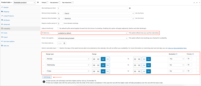 Screenshot of Bookable product data "Availability" settings.