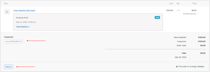 Screenshot of the order screen highlighting the refund button and applied coupon.