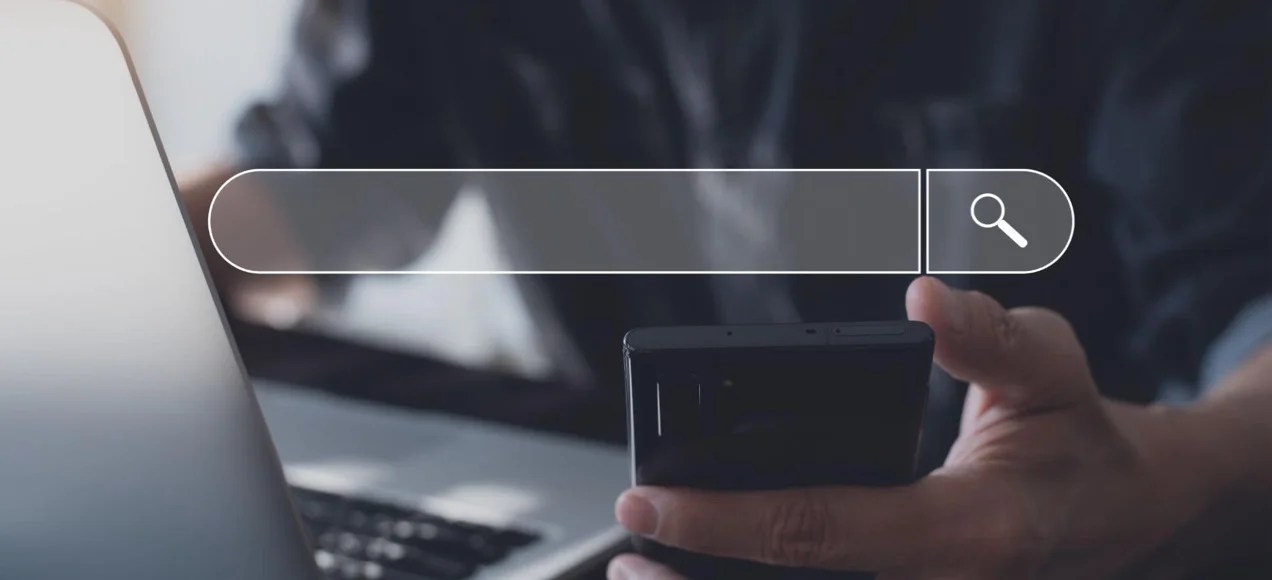 image of a customer on their phone with a search bar overlayed