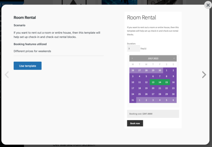 Display of the Room Rental template.