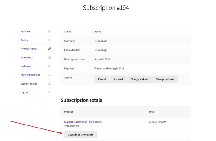 Notice the subscription number, the name of the line item, and the cost. An Upgrade/Downgrade button appears on the line item. 