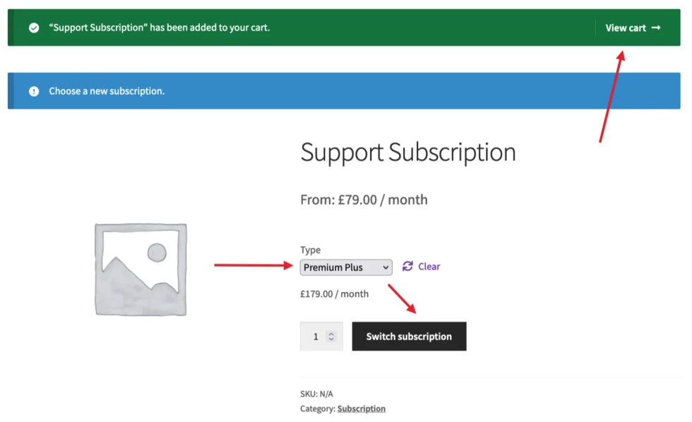 An alternative product is selected and the Switch Subscription button clicked, which adds it to the cart. A noticed is displayed to confirm this.