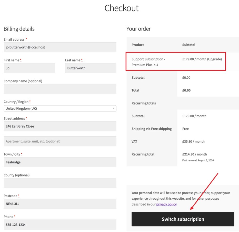 Both the cart and checkout (pictured) displays the new product and price details. A Switch Subscription button on the checkout page completed the process. 