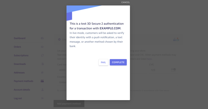 A 3DS modal simulates a customer authentication request. 