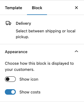 Block settings of the delivery block. Two toggles are available: "Show Icon" and "Show Costs"