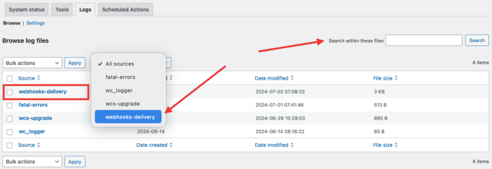 The Logs tab showing the list of log files with, in this example, webhooks-delivery at the top. A dropdown menu can be used to filter the list to show only the selected logs, and a search box to the top right facilitates searching within the log files. 