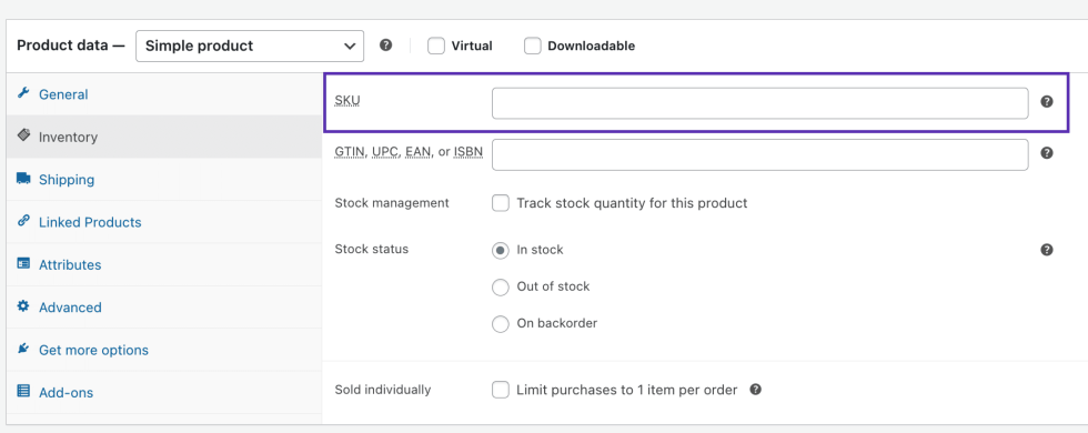 The SKU field shown in the 'Inventory' tab of the product data meta box in WooCommerce.