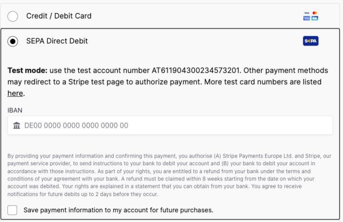 Testing payment information may be displayed at checkout for SEPA and other non-card payment methods while test mode is enabled