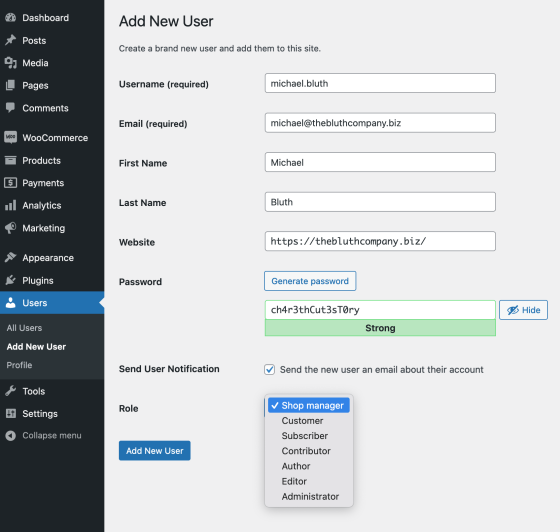 The 'Add New User' settings screen in a store's WP Admin dashboard.