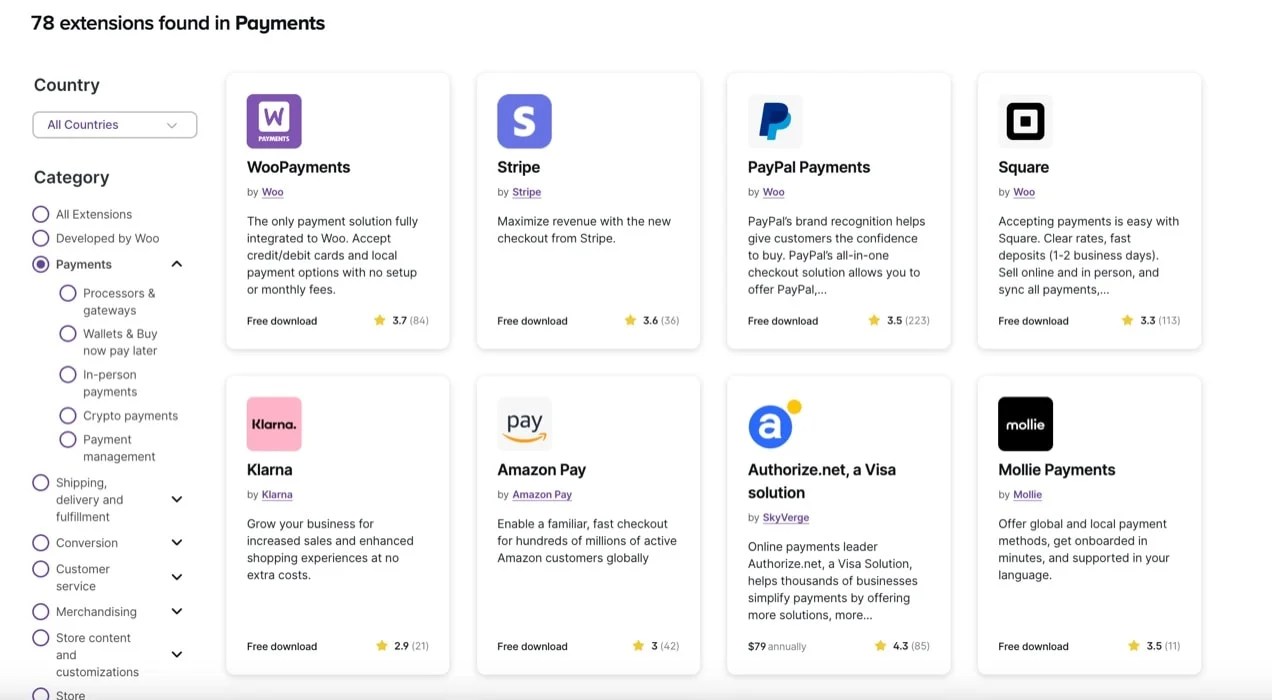 grid of payment extensions in the WooCommerce Marketplace