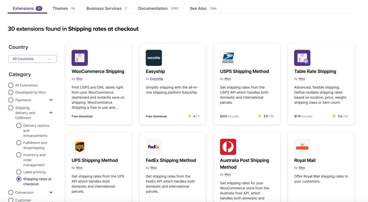 grid of Woo shipping extensions