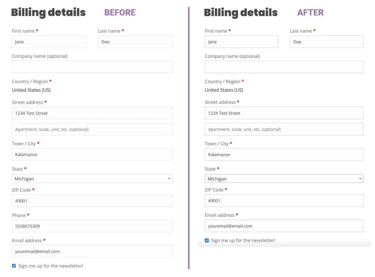 Before and after WooCommerce billing details at checkout.