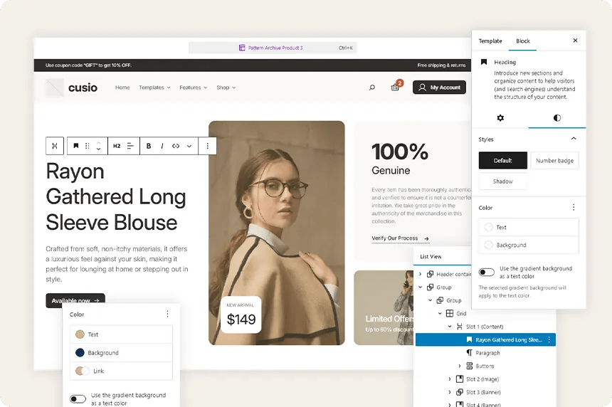 Visual editing feature in Cusio theme with full WordPress Gutenberg integration for total control over WooCommerce website design.