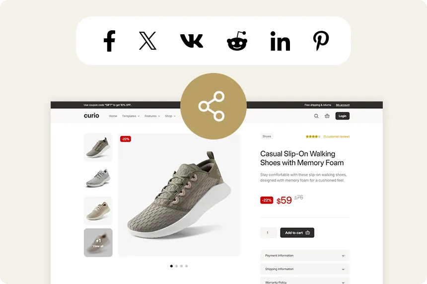 Social media integration in Cusio theme to enhance product visibility and engagement in your WooCommerce store.