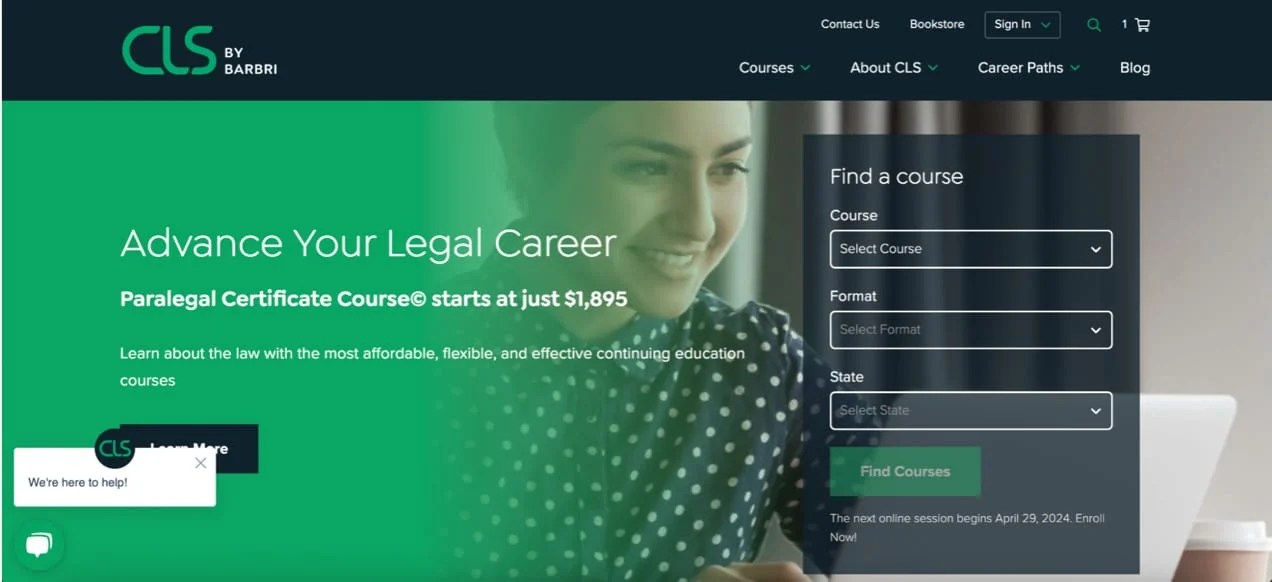 CLS by Barbri homepage with hero image, cta, course form, and chat.