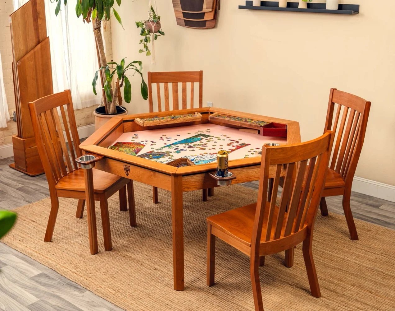 handmade gaming table with inserts for puzzle pieces