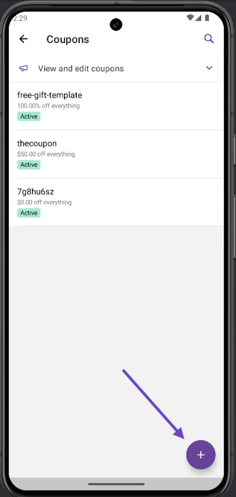Coupons page in the mobile app with an arrow pointing to the add/plus icon.