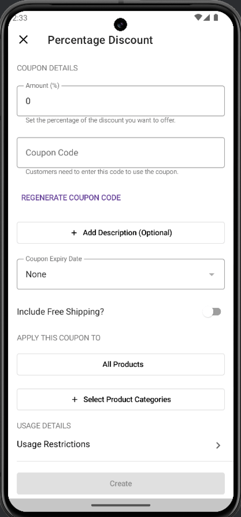 The percentage discount coupon options screen.