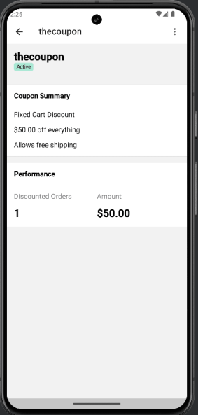 A coupon's status screen in the Woo Mobile App.