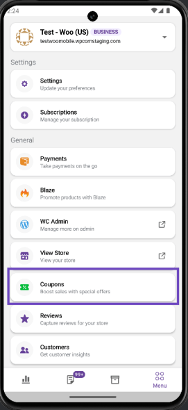 The 'Coupons' option highlighted in the Woo Mobile App's main menu.