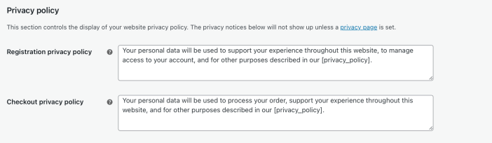 Screenshot that displays the Privacy Policy section within the WooCommerce "Accounts and Privacy" Settings.