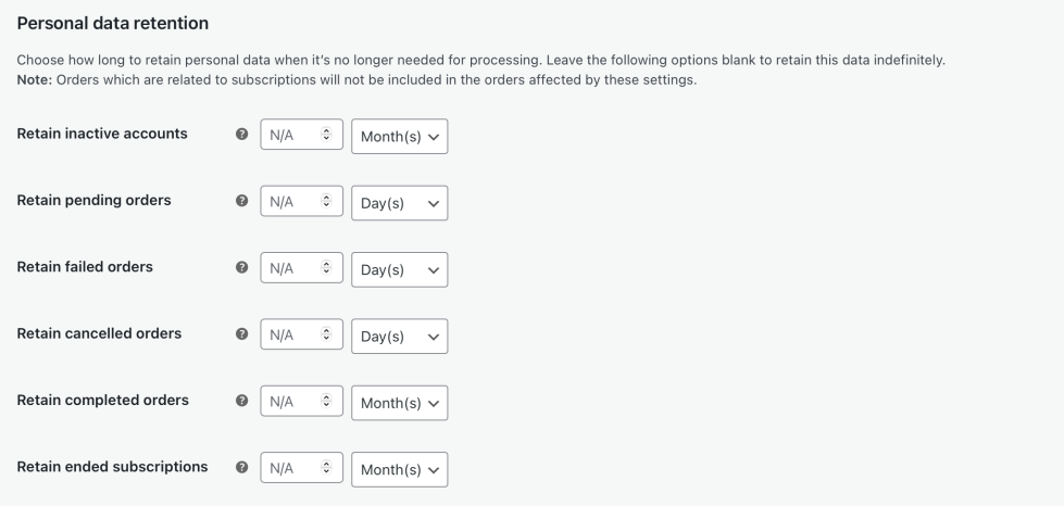 Screenshot that displays the Personal Data Retention 
 section within the WooCommerce "Accounts and Privacy" Settings.