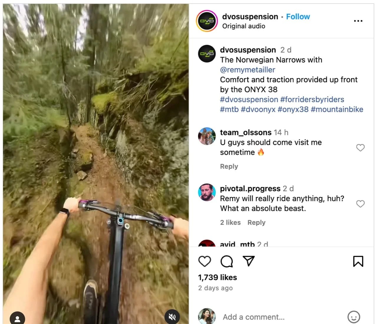 DVO Suspension Instagram post with a video showing a mountain biker