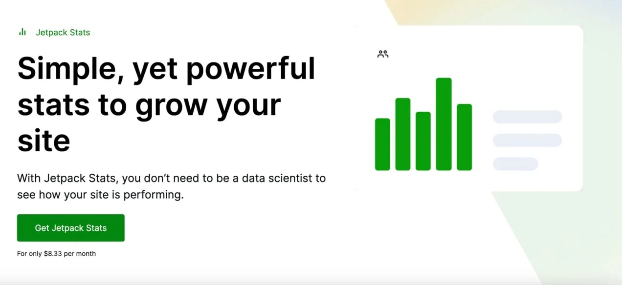 Jetpack Stats homepage with title, paragraph, graphic, and 'get jetpack stats' button.