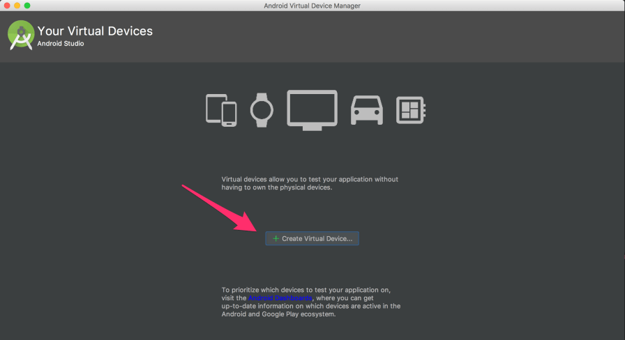 Screenshot of Android studio, arrow pointing to "Create Virtual Device"