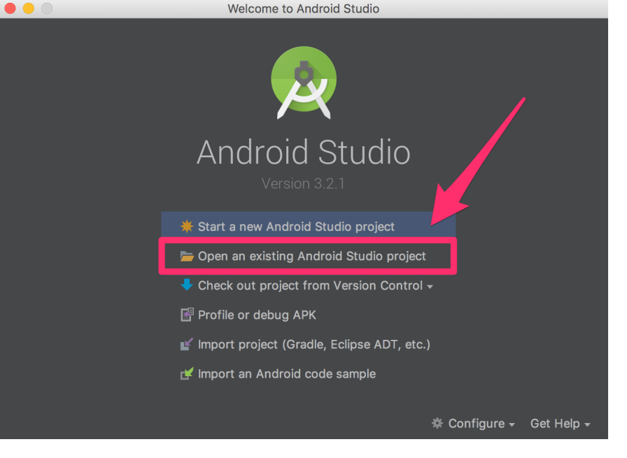 Screen shot of Android studio and arrow pointing to the option "Open an existing Android studio project"