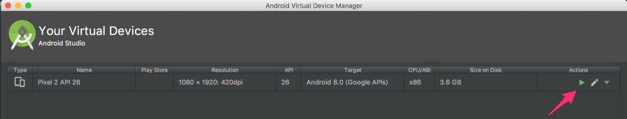 Screenshot showing how to run simulated device in Android Studio