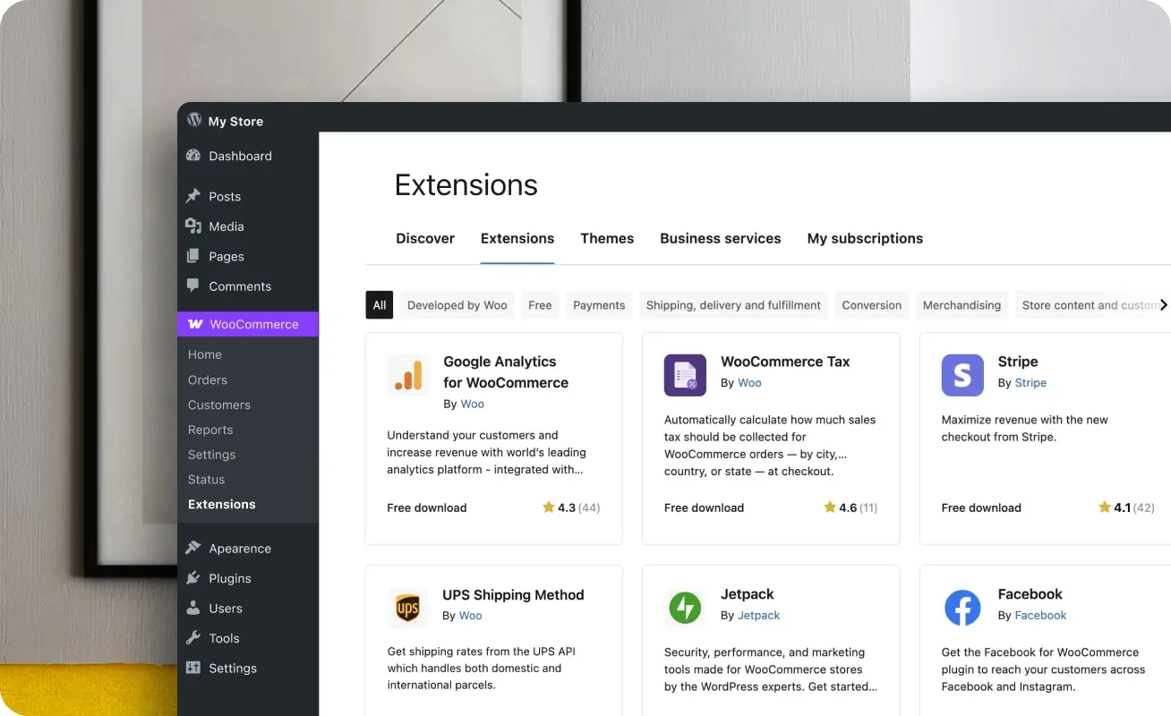 The WooCommerce extensions page of the WooCommerce admin, showing popular ecommerce extensions.